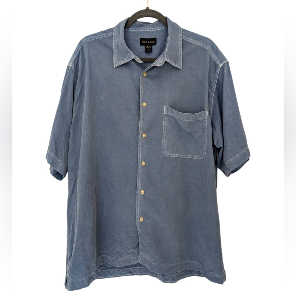 Scott Barber Men's Chambray Short Sleeve Button-Up Shirt Silk Blend, size L